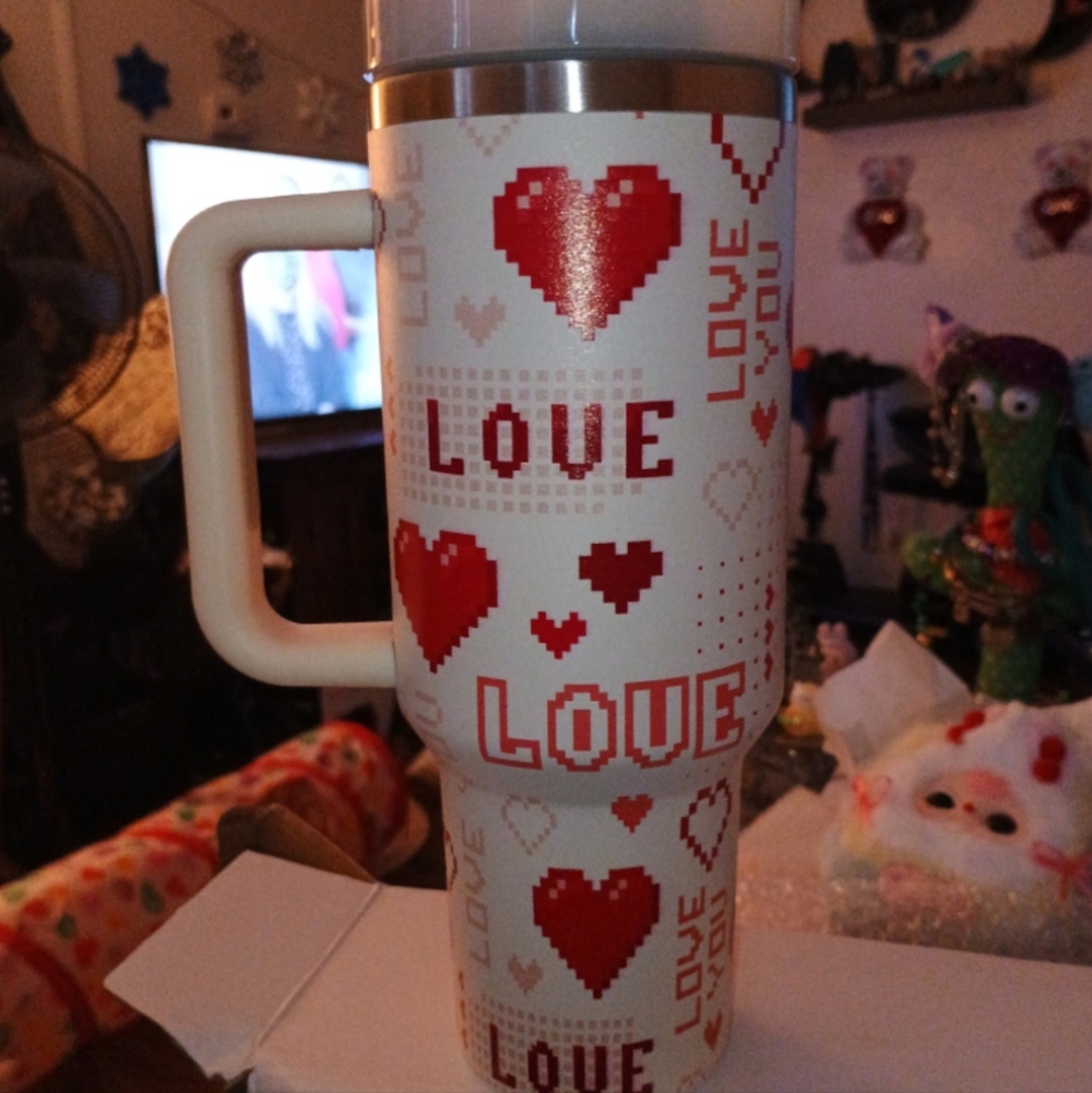 Love Themed Travel Mug - Cream and Red